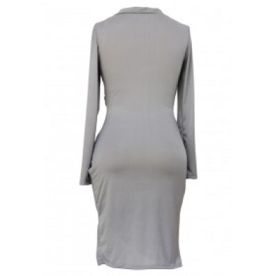 'Sodraya' Grey draped bodycon dress with long sleeves